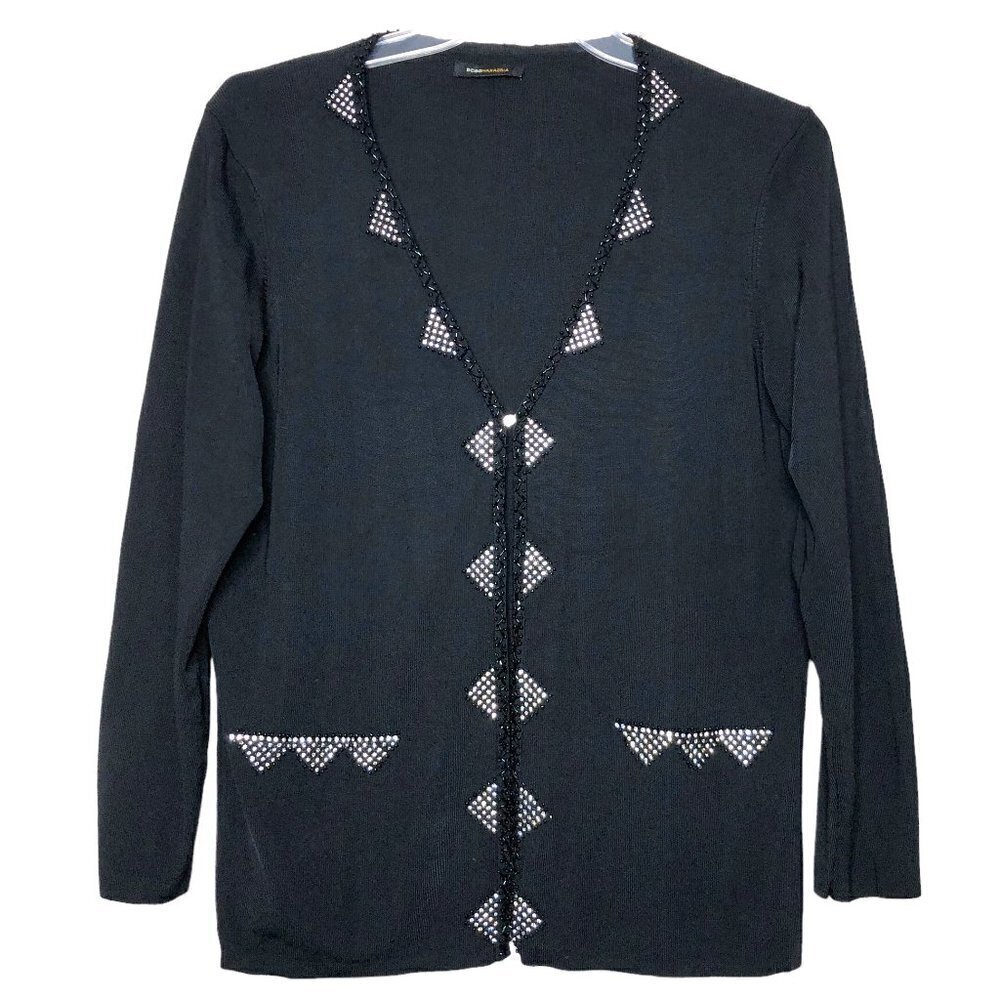BCBGMAXAZRIA - Black V-Neck Cardigan w/ Rhinestone Trim Detail - Size XL
